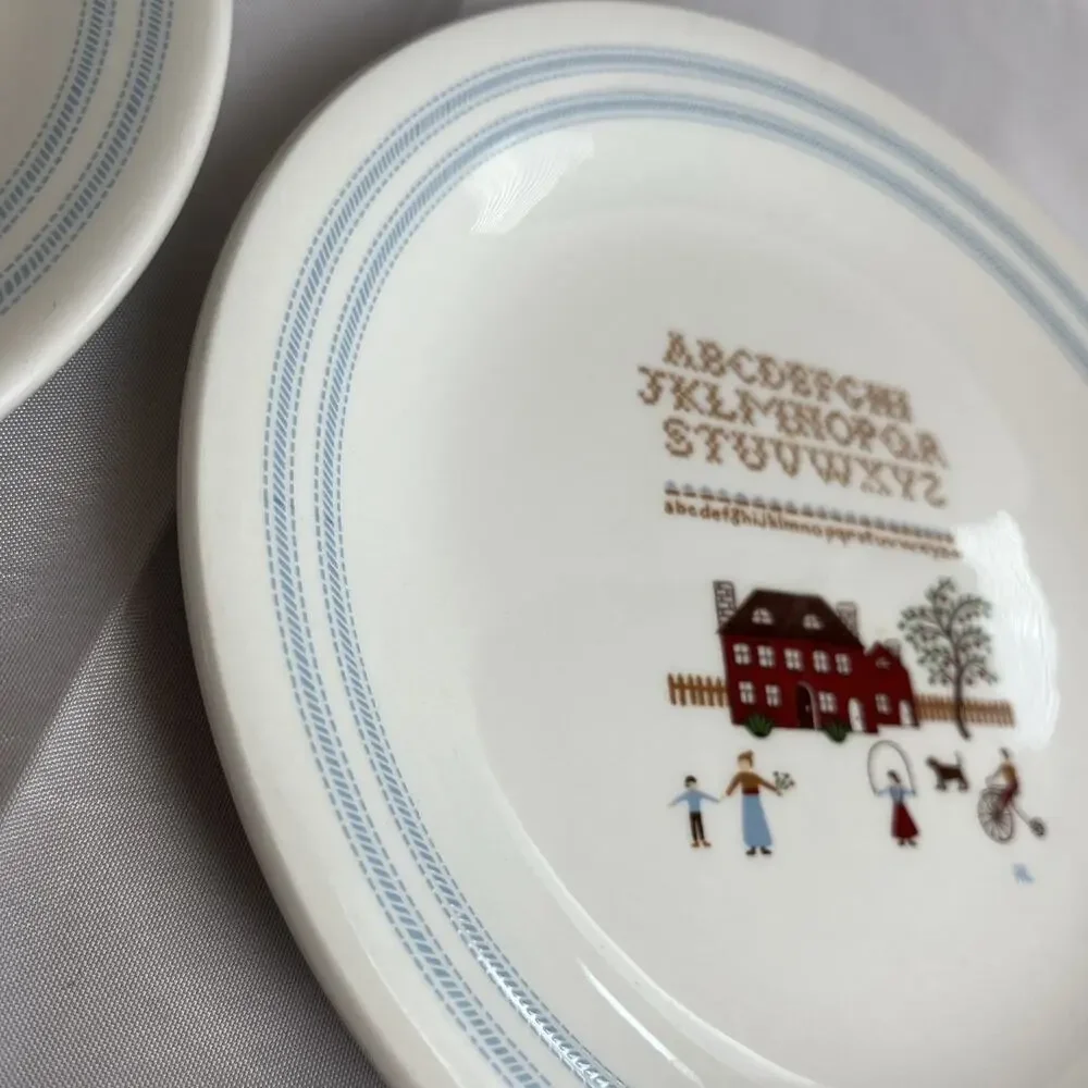 Two Ralph Lauren 7.75” Wedgwood Sampler Plates Americana Alphabet Cross Stitch